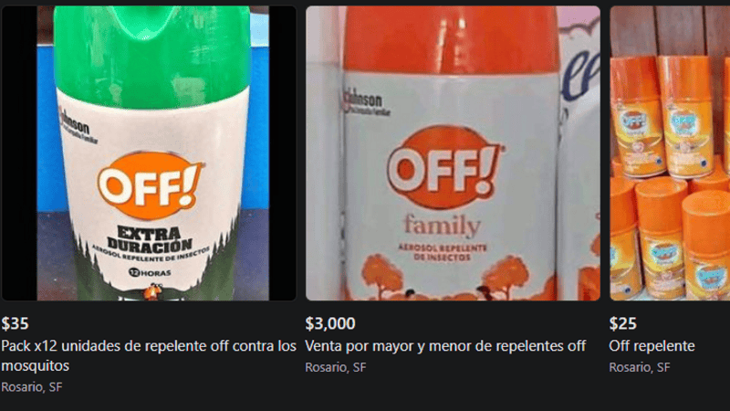 Algunas de las publicaciones que ofrecen repelentes por MarketPlace.